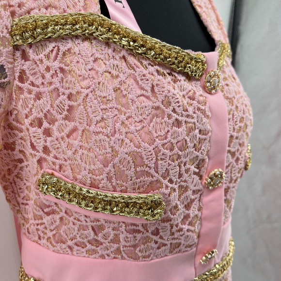 🆕Pink Lace Luxury Gold Trim Button Front Midi Valentine Dress Womens M - Picture 3 of 9